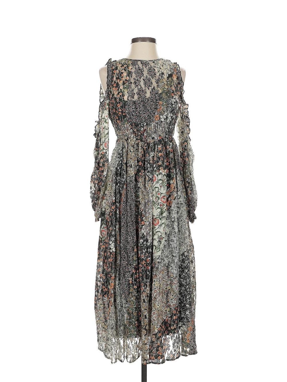Zara Floral Cold-Shoulder Maxi Dress in Black and Green